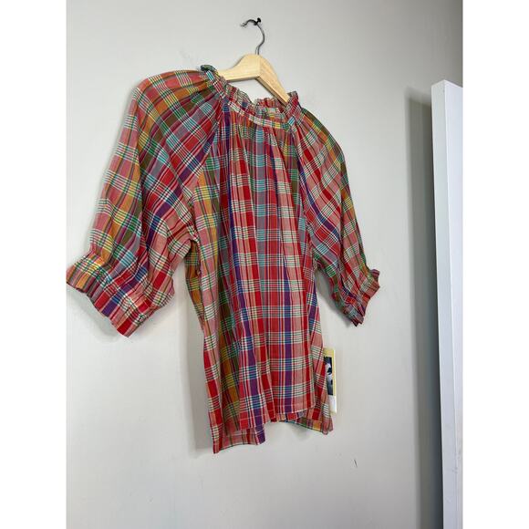 NWT Birds of Paradise Shelia Tapestry Red Plaid Balloon Sleeve Blouse Top - Picture 3 of 8